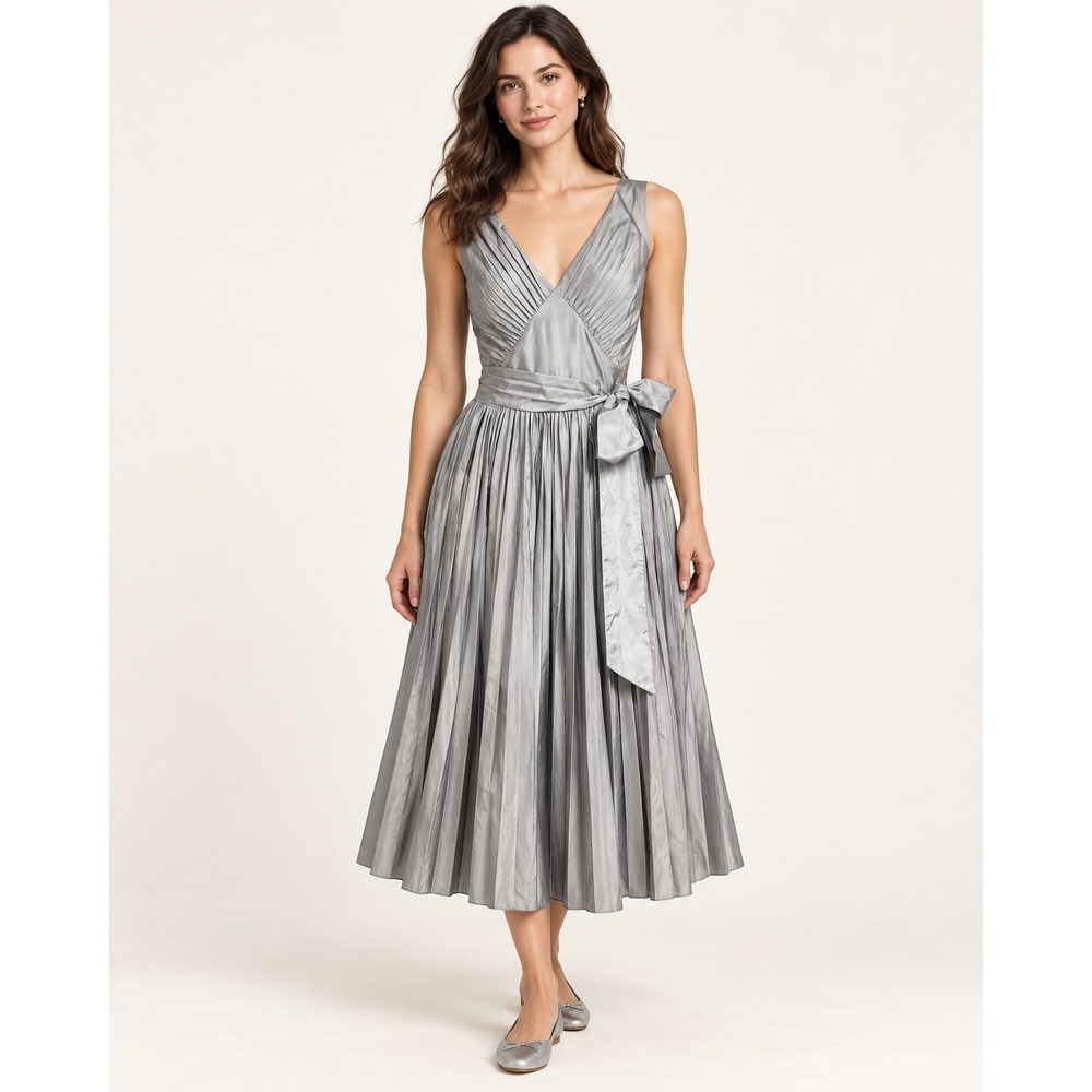 Banana Republic Womens Silk Blend Pleated Midi Dress 2 Silver Cocktail Wedding